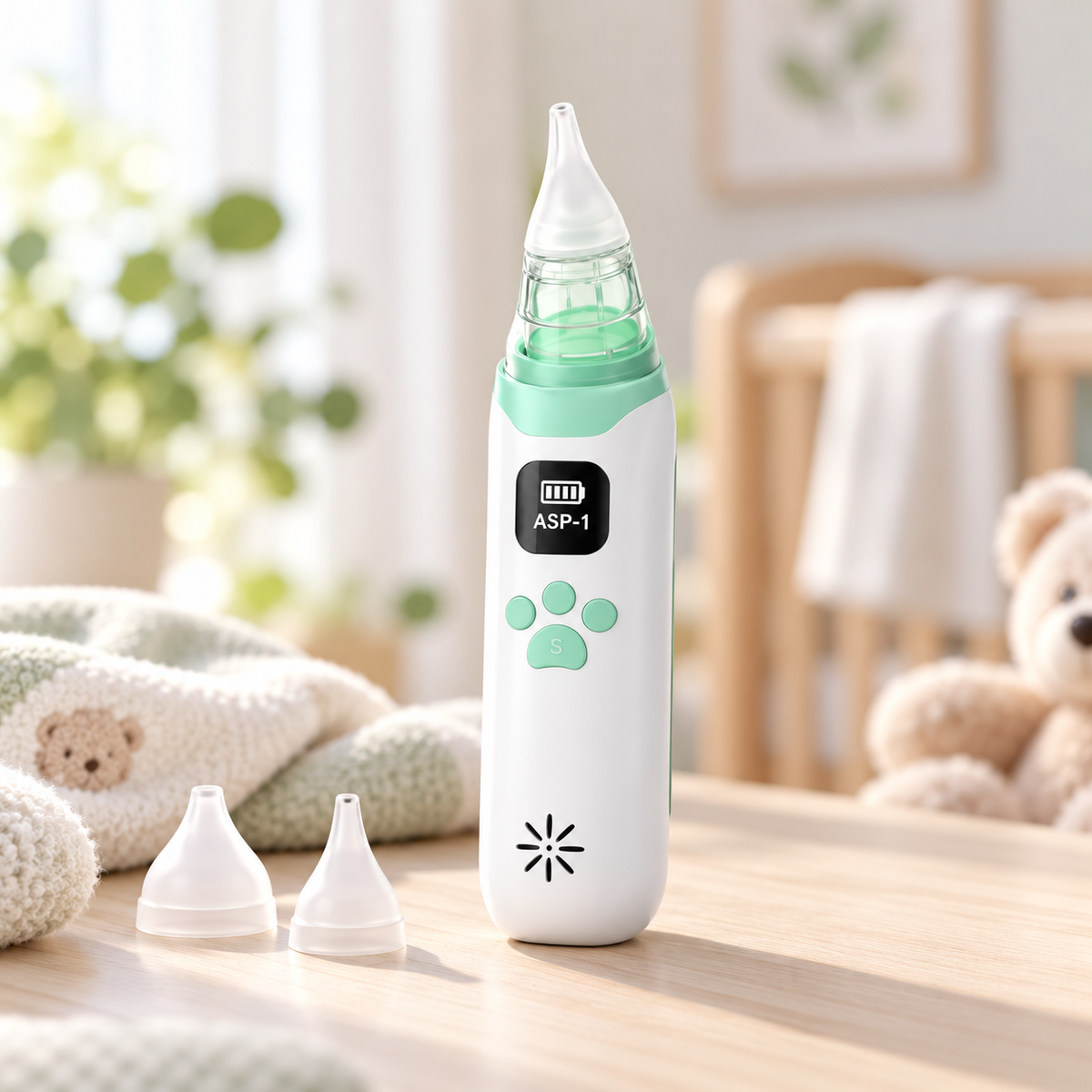 BubClear exact white ASP-1 nasal aspirator on a wooden nursery table