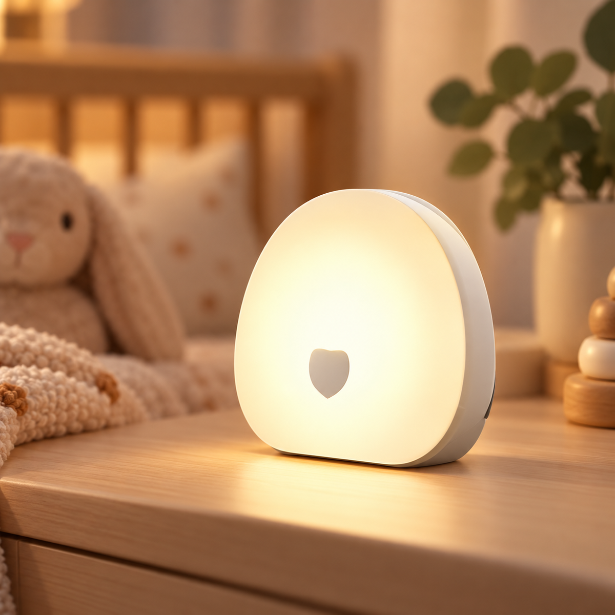 White noise night light shown from front and side angle in a cozy nursery