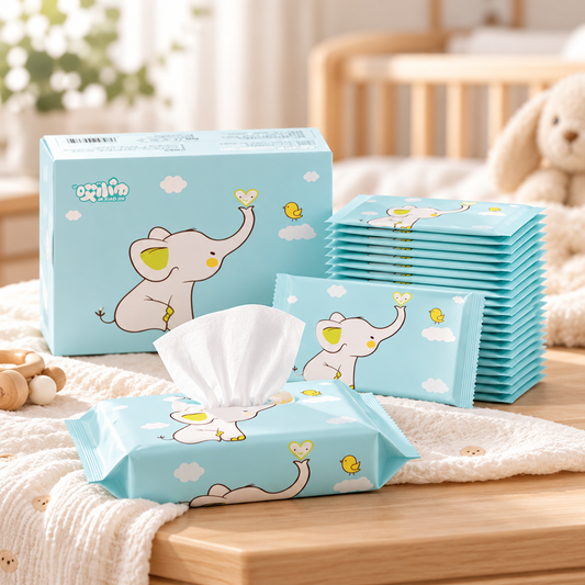 Mint elephant baby wipes displayed in a softly lit nursery