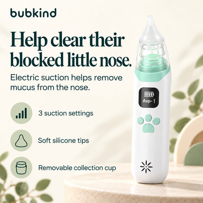 BubClear helps remove nasal mucus; three suction settings, soft silicone tips and removable collection cup